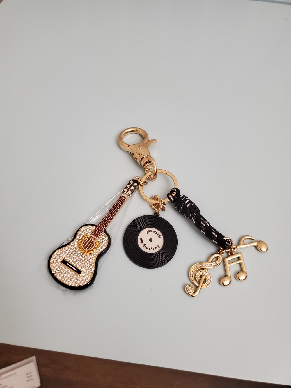 Gold-Tone Musical Guitar Purse Charm with Vinyl and Note Charms